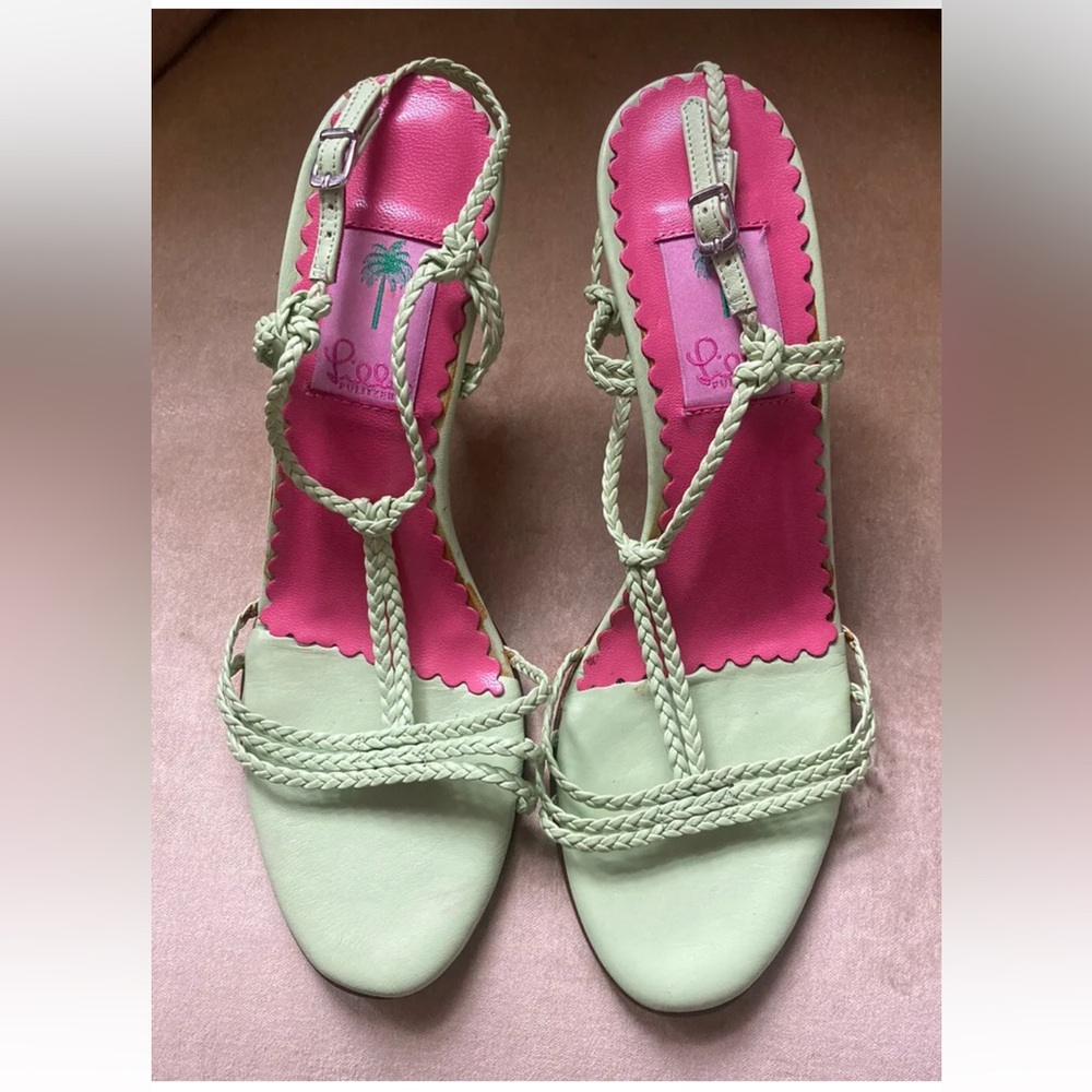 LILLY PULITZER Women's Green Pink Weave Straps Stiletto Heel Sandals Sz 8.5